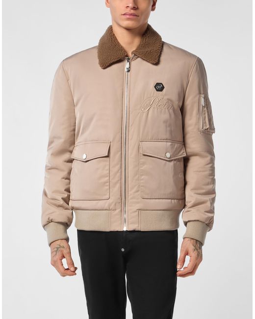 Philipp Plein Jassen ,Nylon Nylon Aviator Jacket Met Shearling Kraag in het Natural voor heren