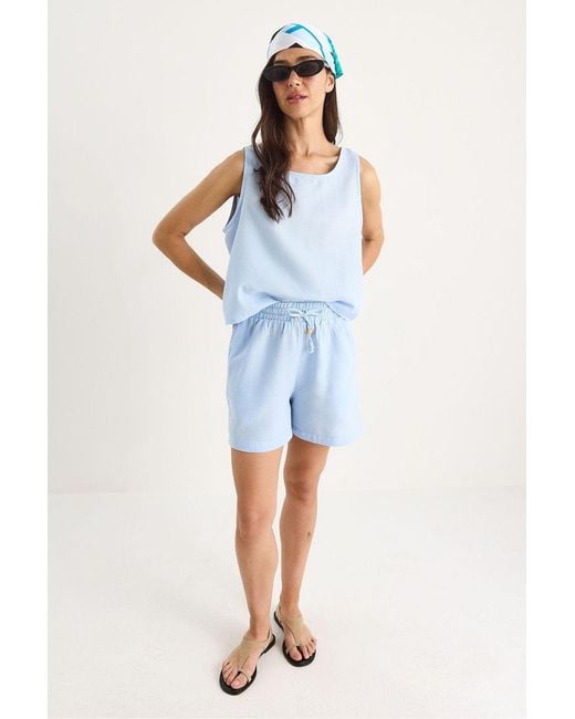 Bianco Lucci Blue Textured Cotton Two-Piece Coord Set With Crew Neck