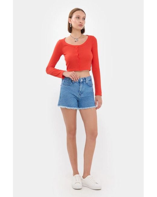 Hiccup Red Round Neck Woven Top With Button Detail