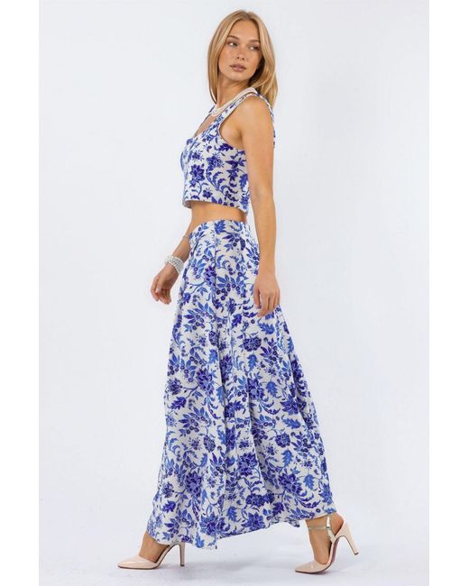 Busem Blue Floral High Waist Midi A-Line Pleated Skirt