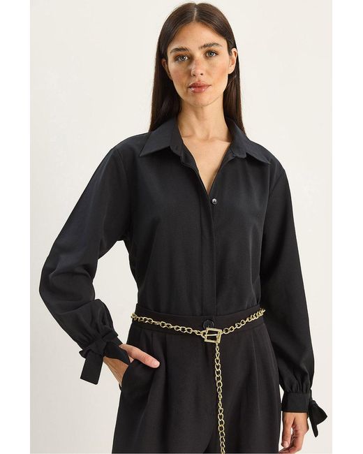 Bianco Lucci Black Button-Up Relaxed Fit Cotton- Shirt