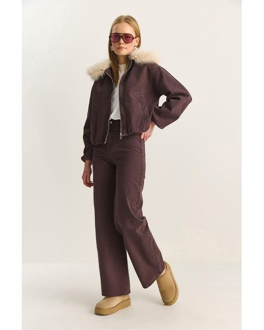 Bianco Lucci Brown Crop Denim Jacket With Faux Fur Detail
