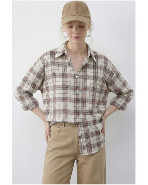 Bianco Lucci Brown Relaxed Fit Plaid Button-Up Shirt