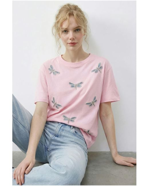 Bianco Lucci Pink Embroidered Crew Neck Relaxed Fit T-Shirt