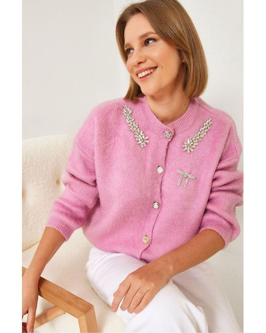 Bianco Lucci Pink Embellished Crew Neck Long Sleeve Cardigan
