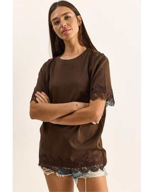 Bianco Lucci Brown Oversized Crew Neck Cotton T-Shirt