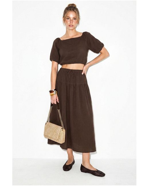 Bianco Lucci Brown Cotton Seersucker Blouse And Midi Skirt Set