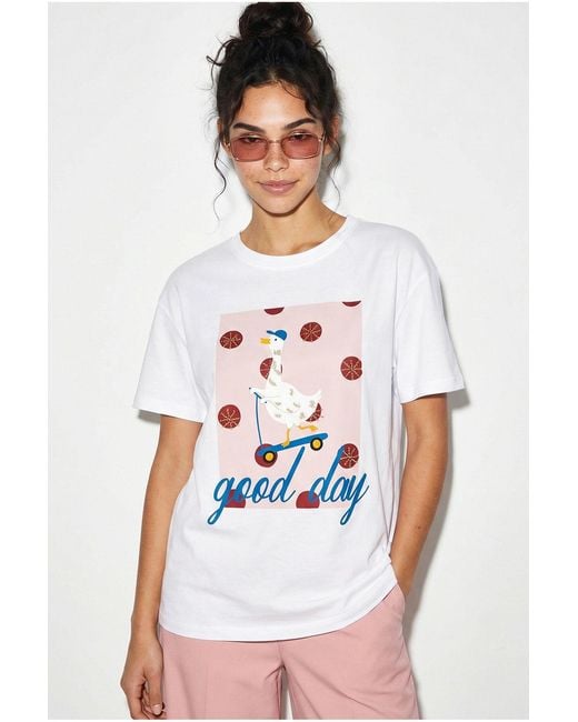 Bianco Lucci White Printed Relaxed Fit Crew Neck T-Shirt