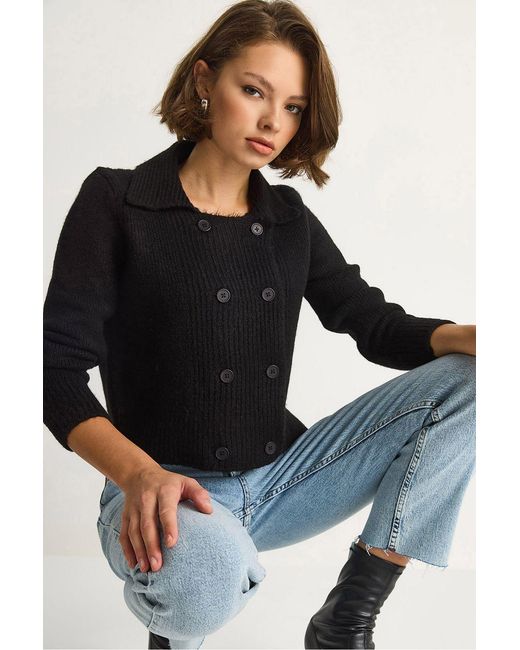 Bianco Lucci Black Ribbed Knitwear Cardigan