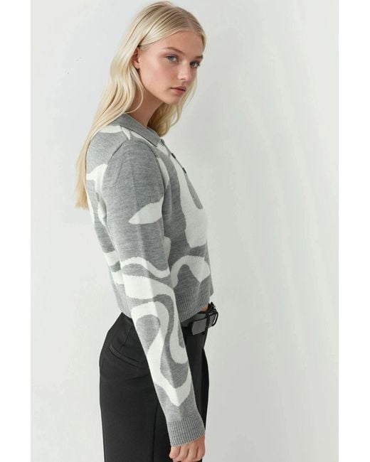 Hiccup Gray Polo Collar Jacquard Knit Sweater