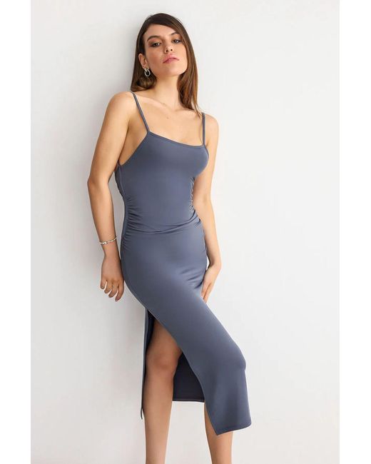 Hiccup Blue Square-Neck Bodycon Midi Dress With Side-Slit And Back Detail