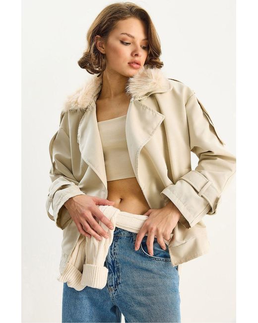 Bianco Lucci Blue Trench Coat With Faux Fur Collar