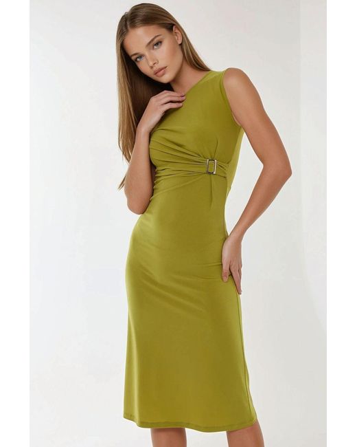 Hiccup Green Fitted Midi Dress With Crew Neck