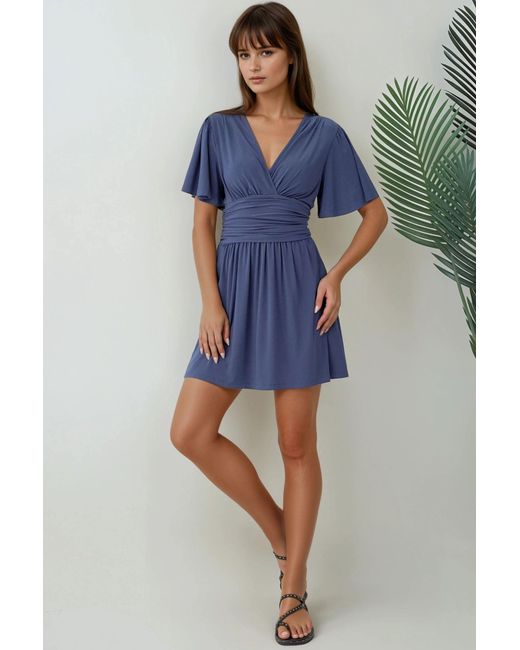 Hiccup Blue V-Neck Short Sleeve Mini Dress