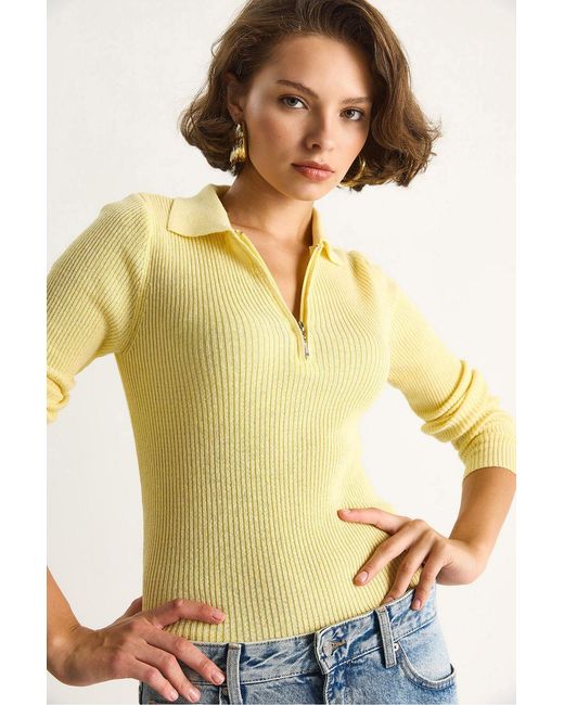 Bianco Lucci Yellow Sweater With Zipper Collar