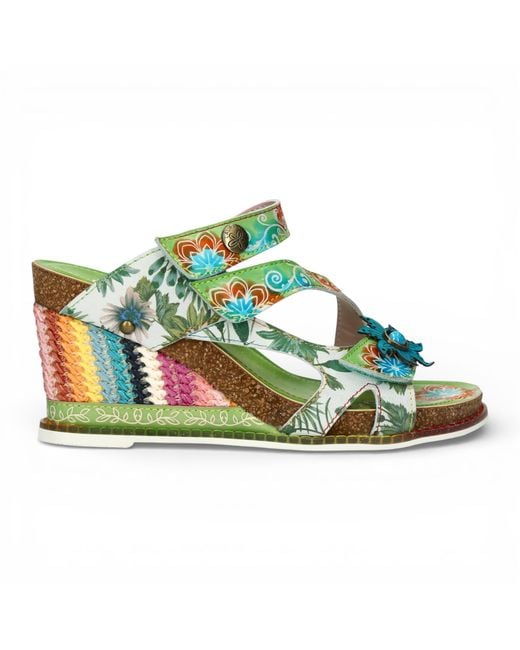LAURA VITA Green Balade 32 Vert Floral Leather Wedge Espadrille Sandals