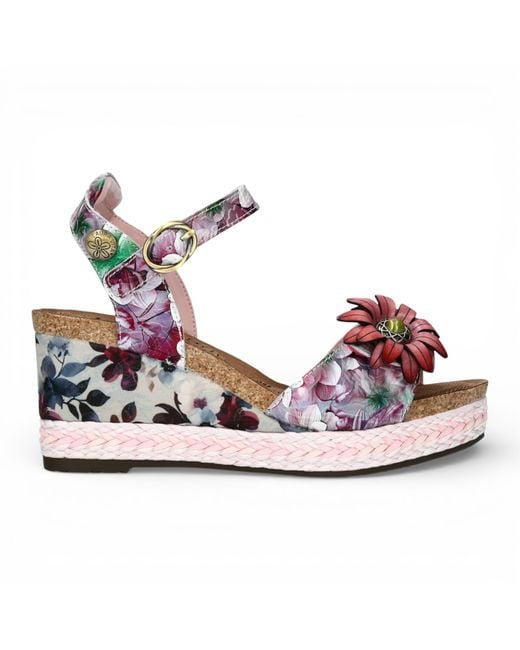 LAURA VITA Pink Facyo 75 Lilac Floral Leather Wedge Espadrille Sandals