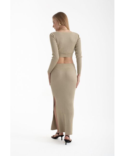 Hiccup Natural 2 Pieces: V Neck Long Sleeve Crop Top & High Waist Slit Maxi Skirt