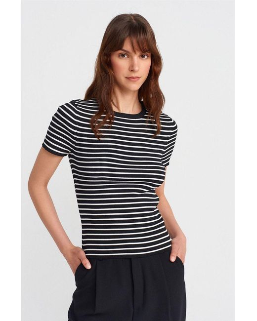 Dilvin Gestreepte Geribde Brei Blouse in het Black
