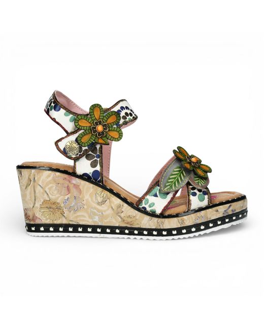 LAURA VITA Metallic Ballon 08 Floral Leather Wedge Espadrille Sandals