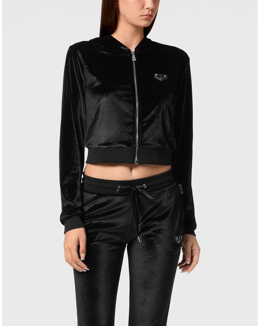 Philipp Plein Hoodies & Sweatvesten ,Zwart ,Polyester Chenille Hoodie Sweatjacket Strass Skull in het Black