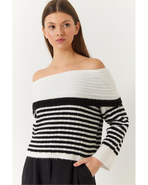 Bianco Lucci Black Striped Strapless Knit Sweater
