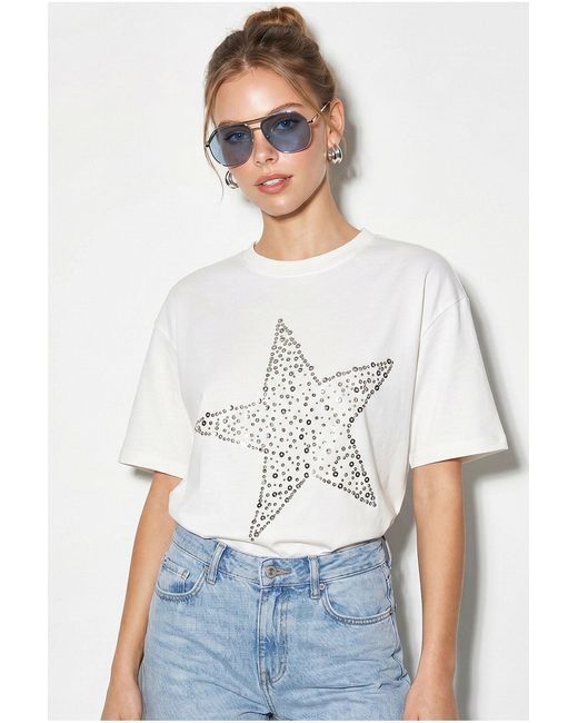 Bianco Lucci White Oversized Cotton Star Sequin T-Shirt