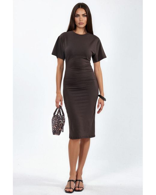 Busem Brown Crew Neck Mini T-Shirt Dress With Drape