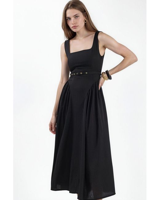 Busem Black Square Collar Belted Midi Dress