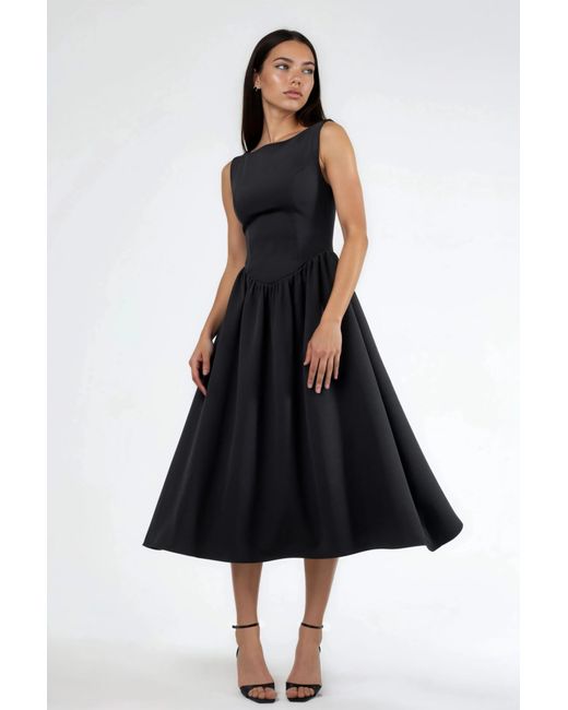 Hiccup Black A-Form Midi Dress With Crew Neck