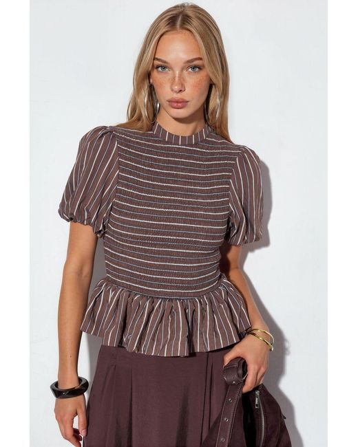 Busem Gestreepte Textuur Rimpelblouse in het Brown