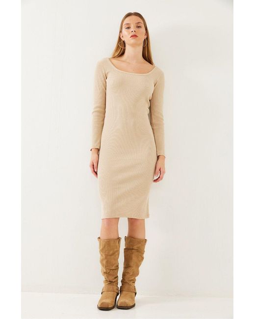 Bianco Lucci Natural Textured Ribbed Midi Dress With Square Collar