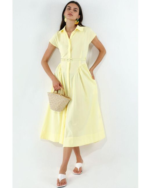 Busem Yellow Belted Midi Dress With Shirt Collar