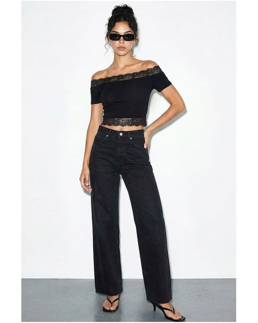 Bianco Lucci Blue Off Shoulder Lace Detailed Crop Blouse