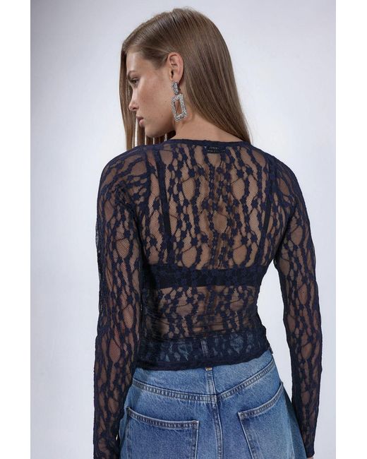 Busem Blue Crop Lace V-Neck Blouse With Tie Detail
