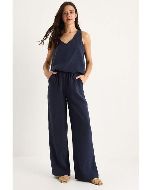 Bianco Lucci Blue V-Neck Cotton Blouse-Pants Two-Piece Set