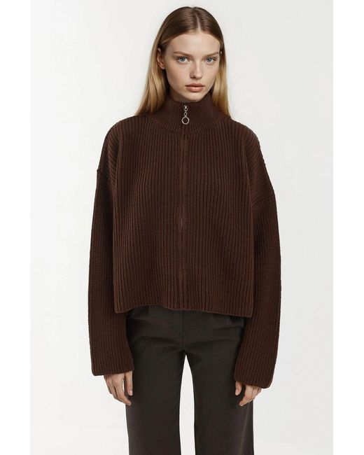 Hiccup Brown Zippered Relaxed Fit Knit Cardigan