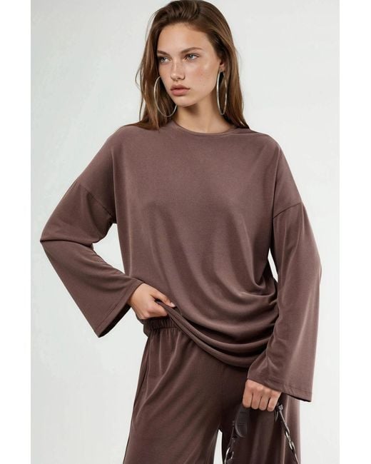Busem Brown Relaxed Fit Crew Neck Long Sleeve Blouse
