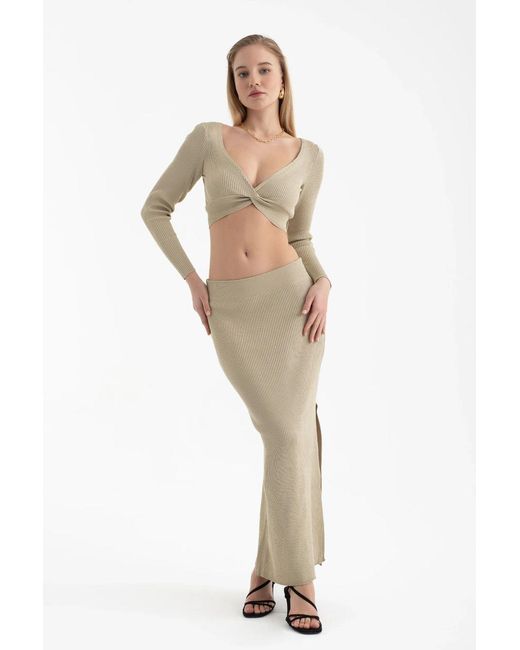 Hiccup Natural 2 Pieces: V Neck Long Sleeve Crop Top & High Waist Slit Maxi Skirt