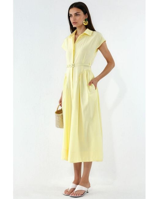 Busem Yellow Belted Midi Dress With Shirt Collar
