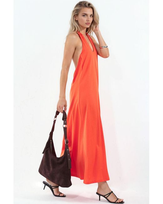 Busem Red Cotton Midi Halter Dress With Slit