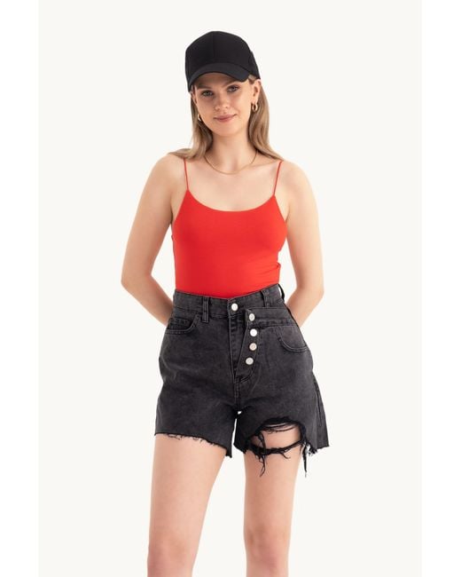 Hiccup Red Spaghetti Strap Basic Cropped Cami Top