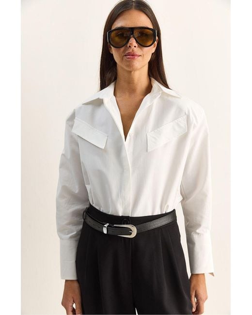 Bianco Lucci White Casual Long Sleeve Button Up Poplin Shirt With Pocket
