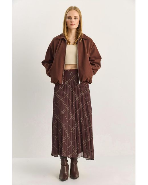 Bianco Lucci Brown High Waist Plaid Maxi Skirt
