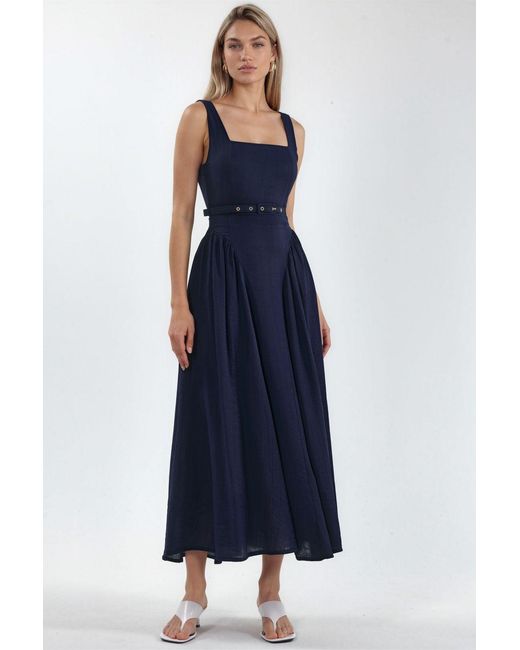 Busem Blue Square Collar Belted Midi Dress