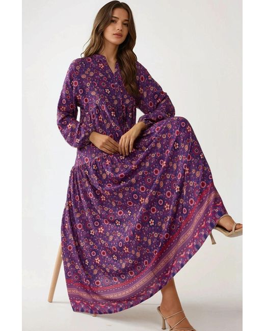 Hiccup Purple Printed V-Neck Maxi Dress With Buttons
