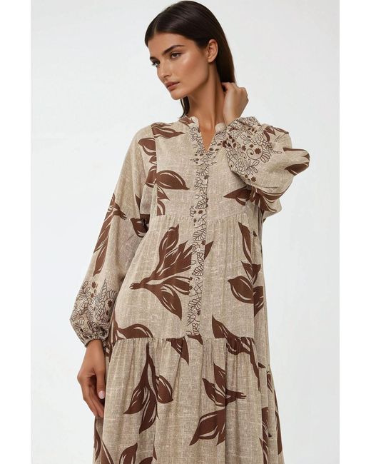 Hiccup Natural Printed Long Sleeve Viscose Maxi Dress