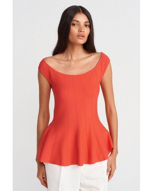 Dilvin Getailleerde Geribde Peplum Blouse in het Red