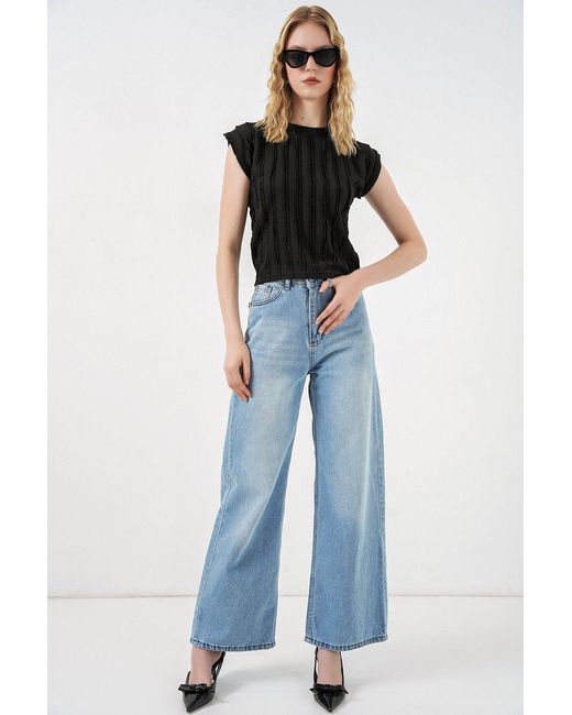 Bigdart Gestructureerde Geribde Pull-On Blouse in het Black