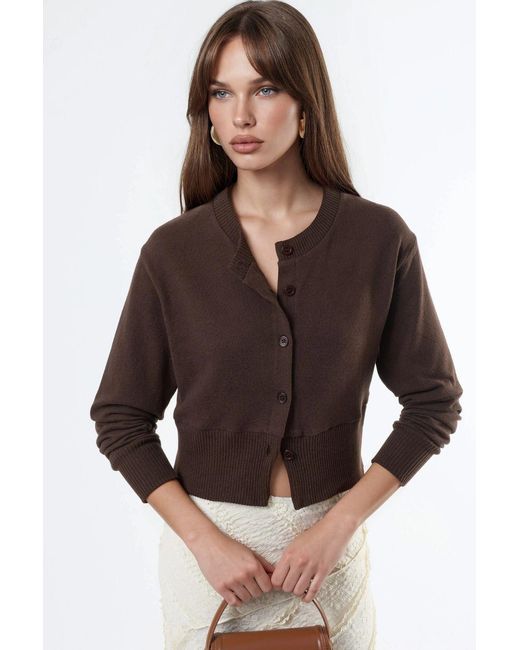 Busem Brown Casual Crew Neck Buttoned Crop Jacket